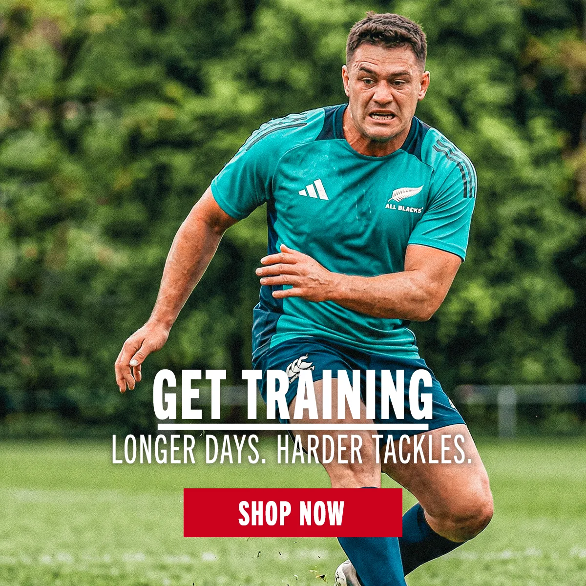 A rugby player practices drill alone on a quiet rugby pitch. He is practicing his sidestep while wearing an All Blacks training t-short and Canterbury shorts.