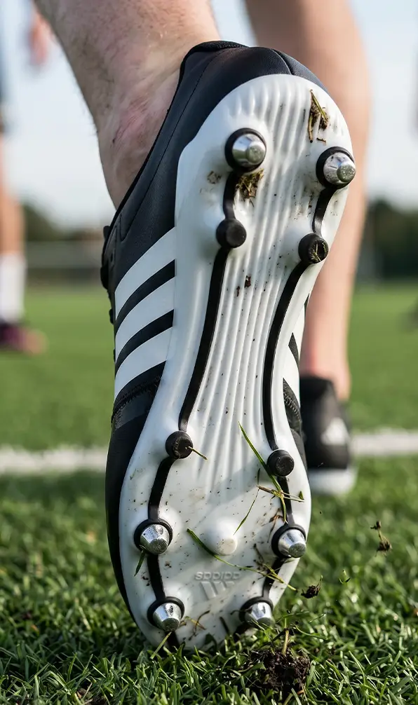 A player is running on the pitch in a pair of Adidas Avaglide boots.