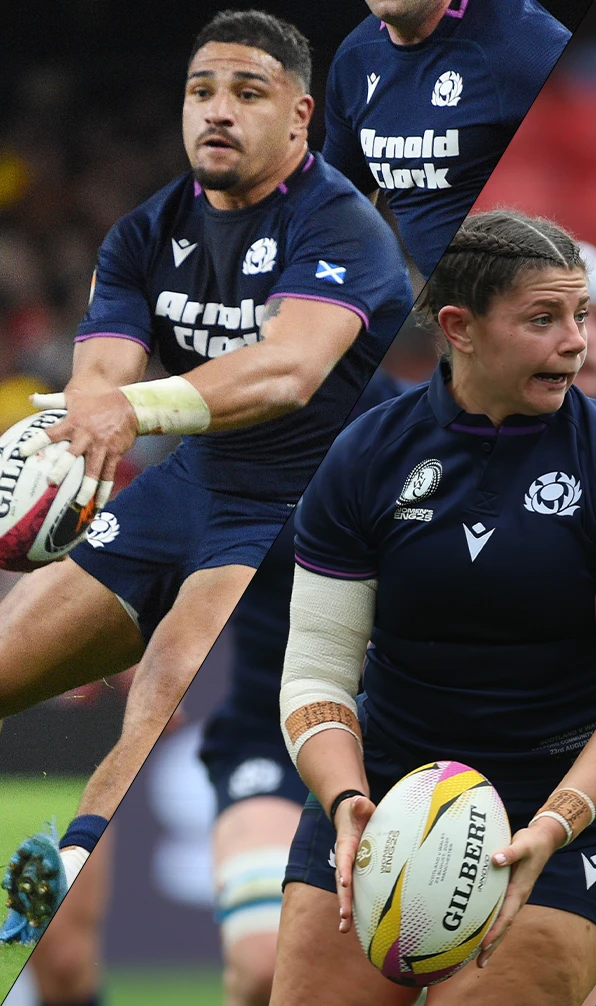 Sione Tuipulotu (left) and Scotland womens Player carry the ball for their nation.
