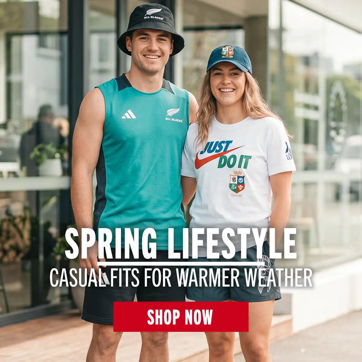 Two people are wearing a variety of rugby clothing, with All Blacks, British and Irish Lions and Canterbury featuring heavily.