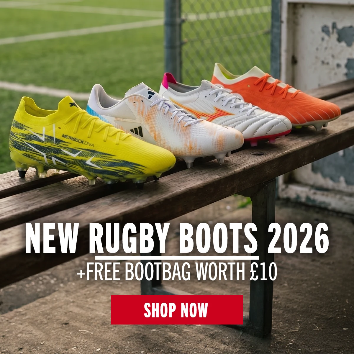 Rugby boots from leading brands like Oxen, Adidas, Mizuno and Canterbury are lined up on a bench at the side of a rugby pitch.