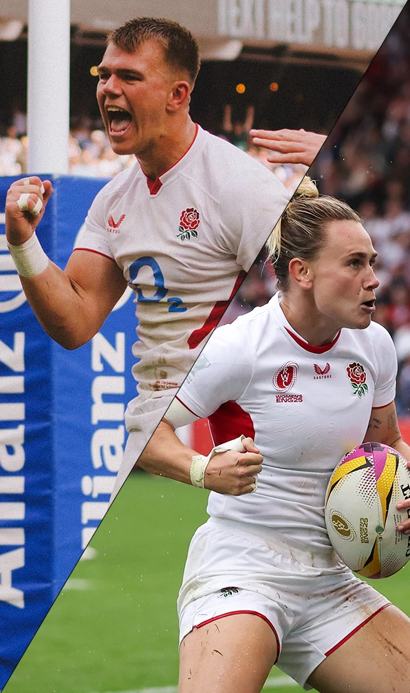 Two England players celebrate scoring tries for their country.