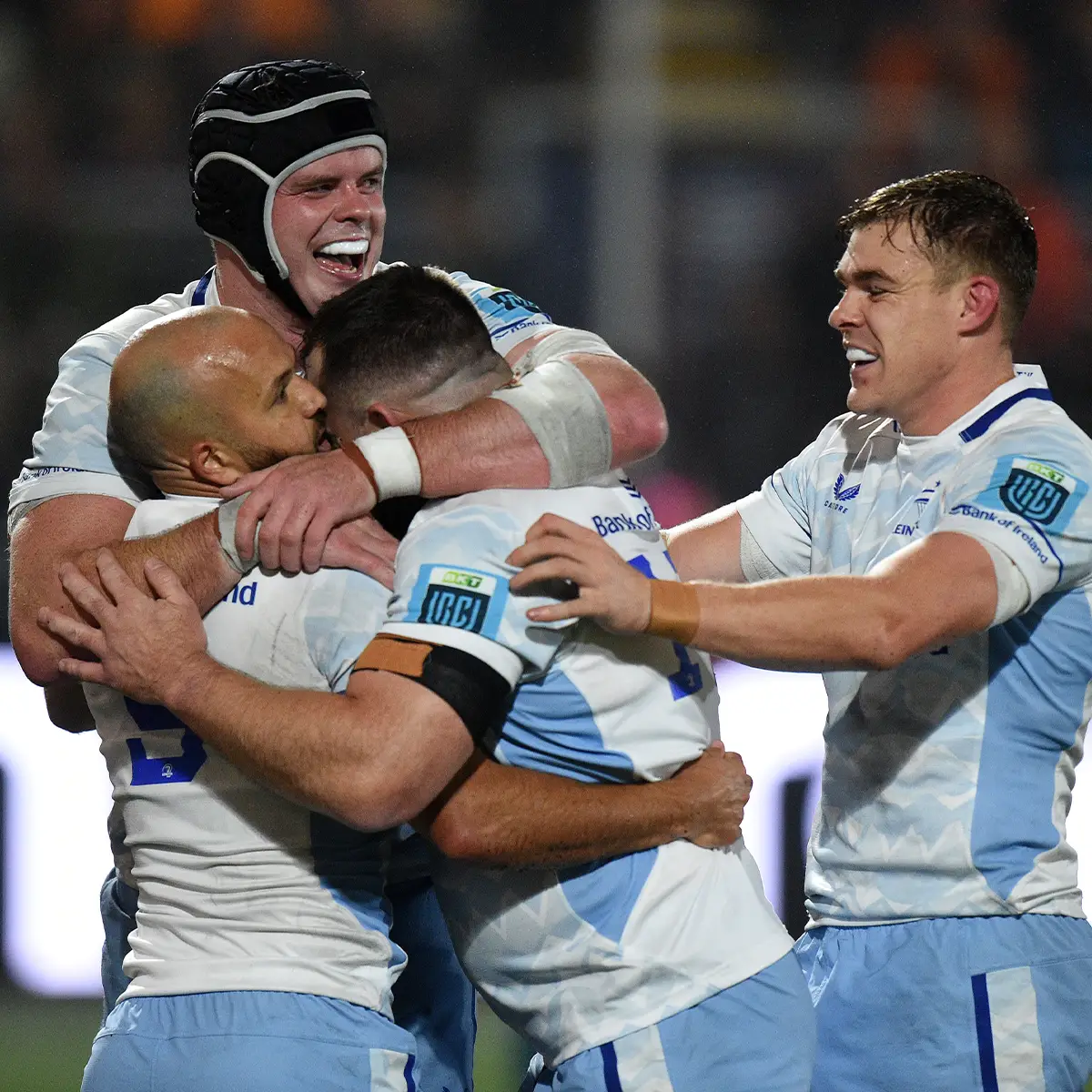 Rugby Headguards Leinster celebrate scoring an try in the 24/25 URC season.