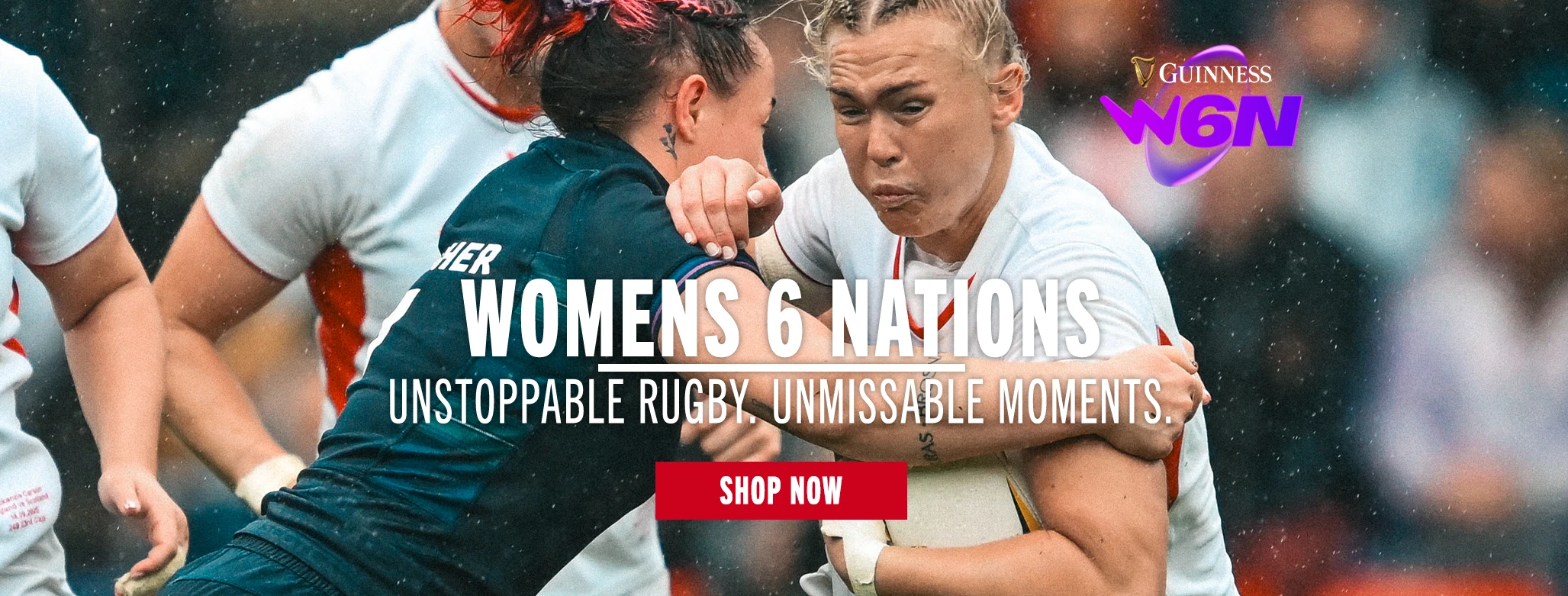 Womens 6 Nations 2026 An England Womens Red Roses player is tackled by a Scotland womens player in the Womens 6 Nations tournament.