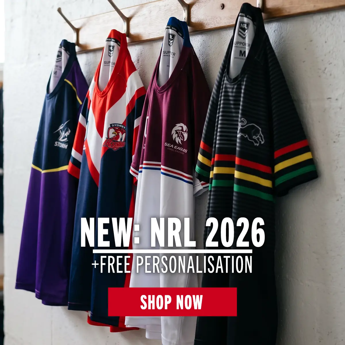 National Rugby League at Rugbystore The supporters shirts for the Melbourne Storm, Sydney Rooster, Manly Sea Eagles and Penrith Panthers are displayed on coat hangers in a changing room.