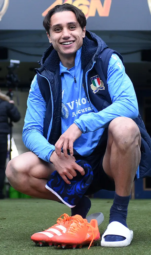 Ange Capuozzo being pictured with his Adidas rugby boots at Murrayfield, as Italy prepare for their 2025 6 Nations clash with Scotland.