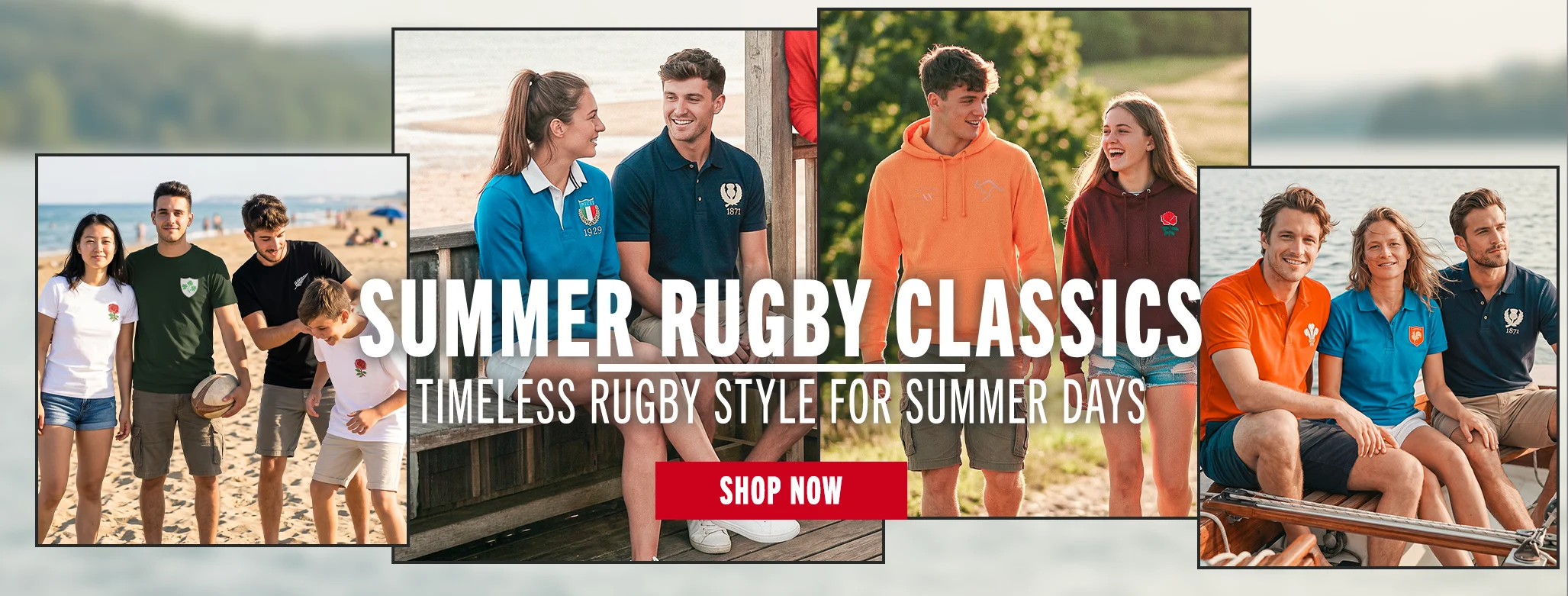 Summer Rugby Classics A montage of people wearing product from the Rugbystore Classics Collection