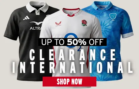 A combination of the England, New Zealand and Uruguay home rugby shirts are on show.