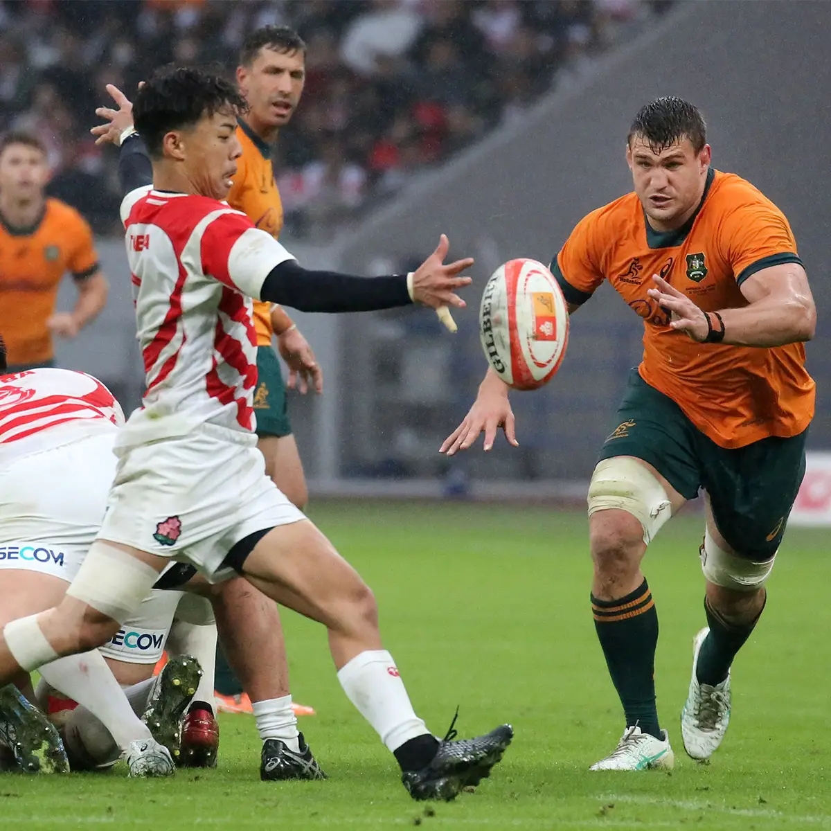 A Japanese player looks to box kick in their 2025 Autumn Test clash with Australia