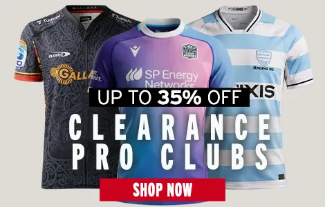 A combination of the Glasgow Warriors Training shirt, Chiefs home shirt and Racing 92 Shirt are on show.