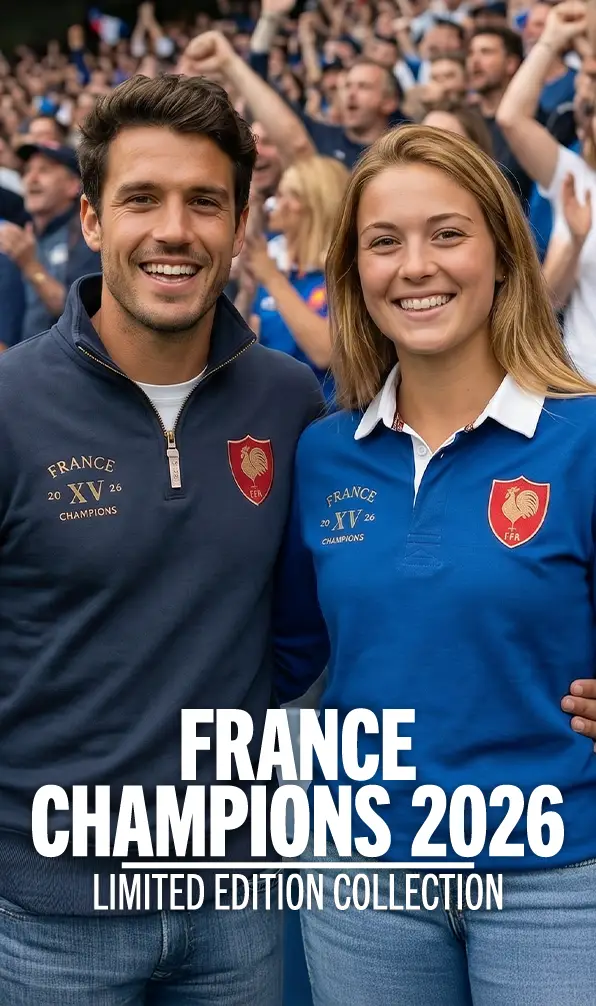 Two rugby fans, a man and a woman, celebrate France winning the 6 Nations Championship. They are wearing the Rugby 1823 Limited Edition Winners Collection