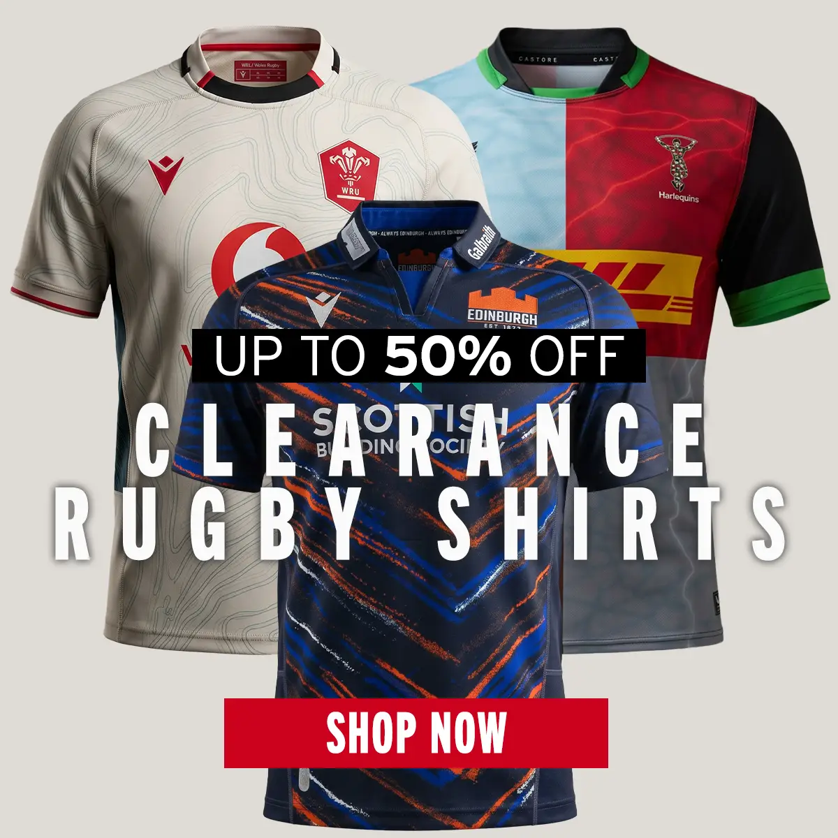 A combination of the Wales away shirt, Harlequins home shirt and the Edinburgh home shirt are on show.
