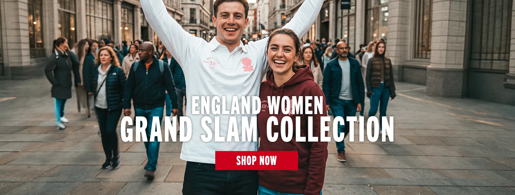 A man and a women celebrate England Red Roses winning the Grand Slam in 2026.