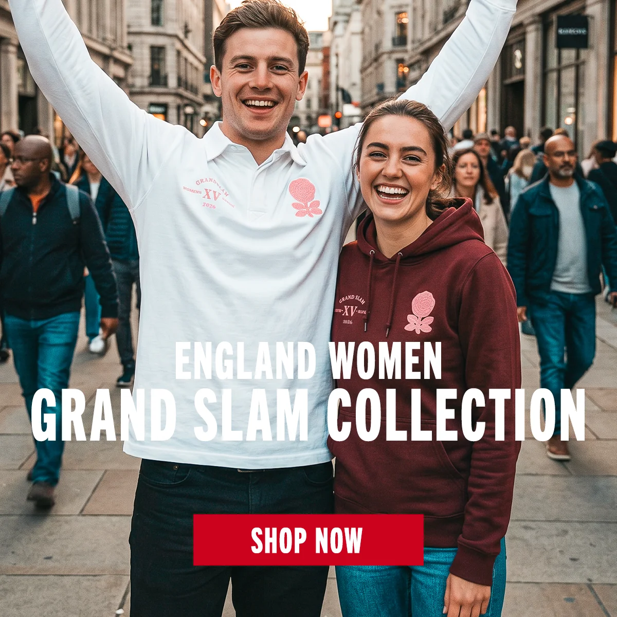 A man and a women celebrate England Red Roses winning the Grand Slam in 2026.