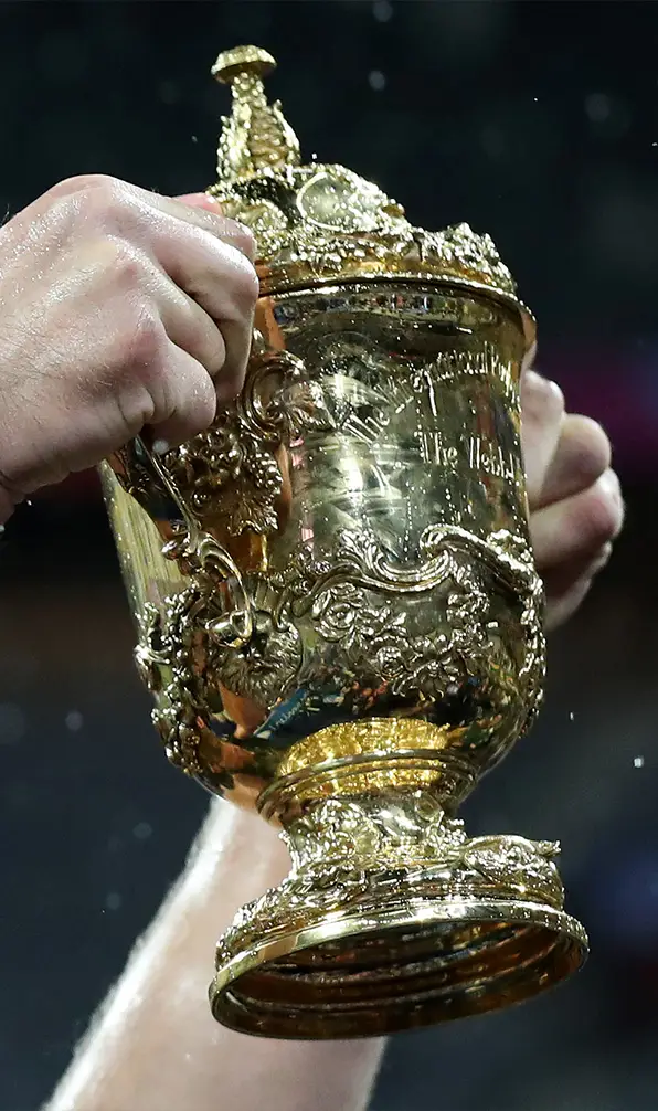 Image of the The Webb Ellis Cup after the Springboks beat New Zealand 11-12 in The 2023 Rugby World Cup Final.
