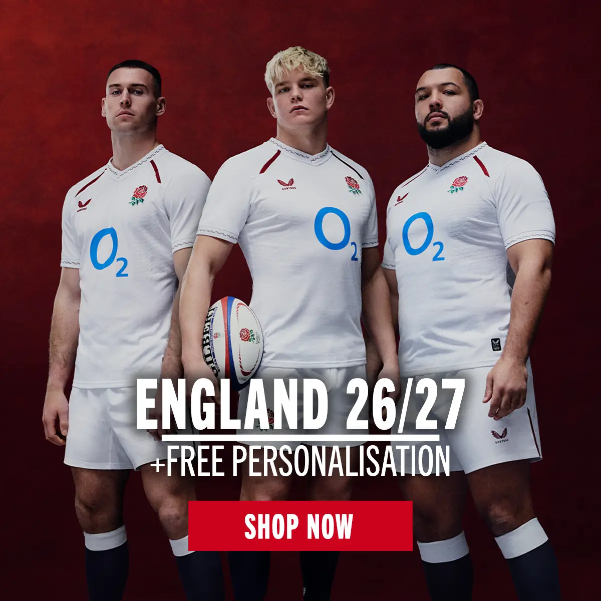 England 26/27 Range Three England Men's Rugby players stand and show off the New England home kit for the 26/27 season.
