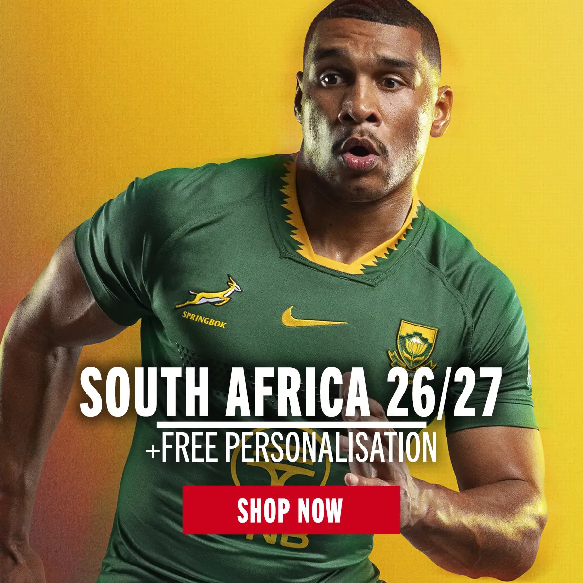 South Africa Springboks 26/26 A montage showing a South Africa rugby player wearing the new season rugby shirt, and flatly images of the new home and away rugby shirts