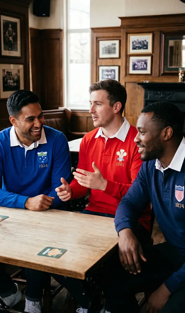 Three guys sit in a pub wearing Classic rugby shirts from Samoa, Wales and the USA.