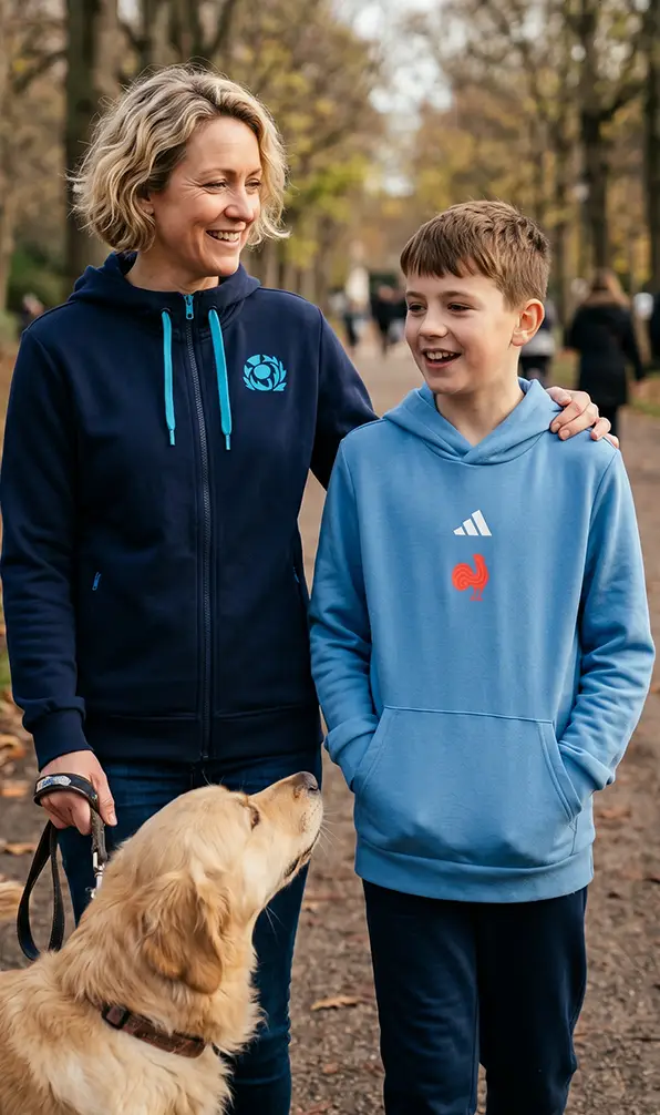 A mum and her son are walking their dog while wearing a Scotland and France hoodies.