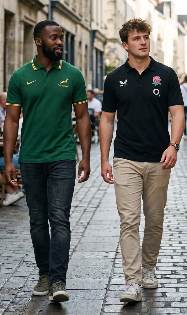 Two guys are walking through town wearing South Africa and England polo shirts.