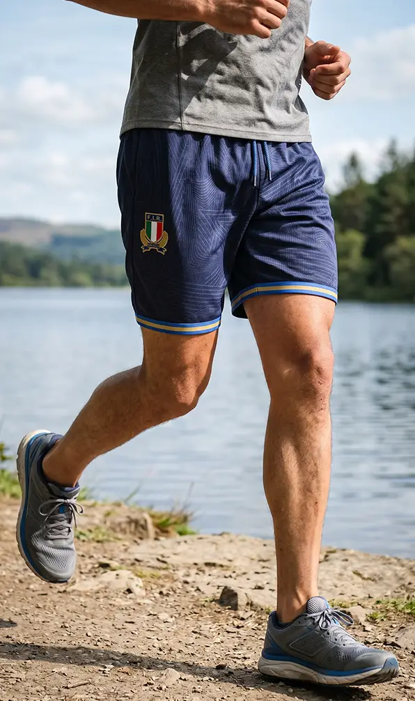 A man is running near a lake while wearing Italy shorts.