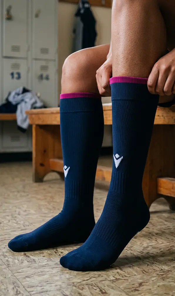 A player is pulling up a pair of Scotland rugby socks as they get ready to go to training.