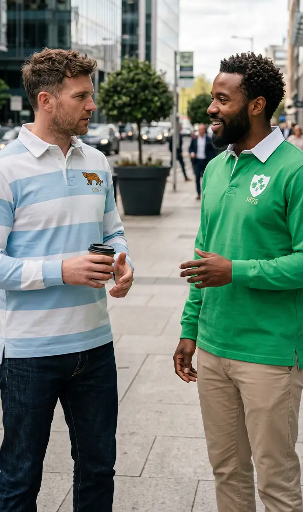 Two guys standing in two talking while wearing their classic Argentina and Ireland Rugby Shirts.