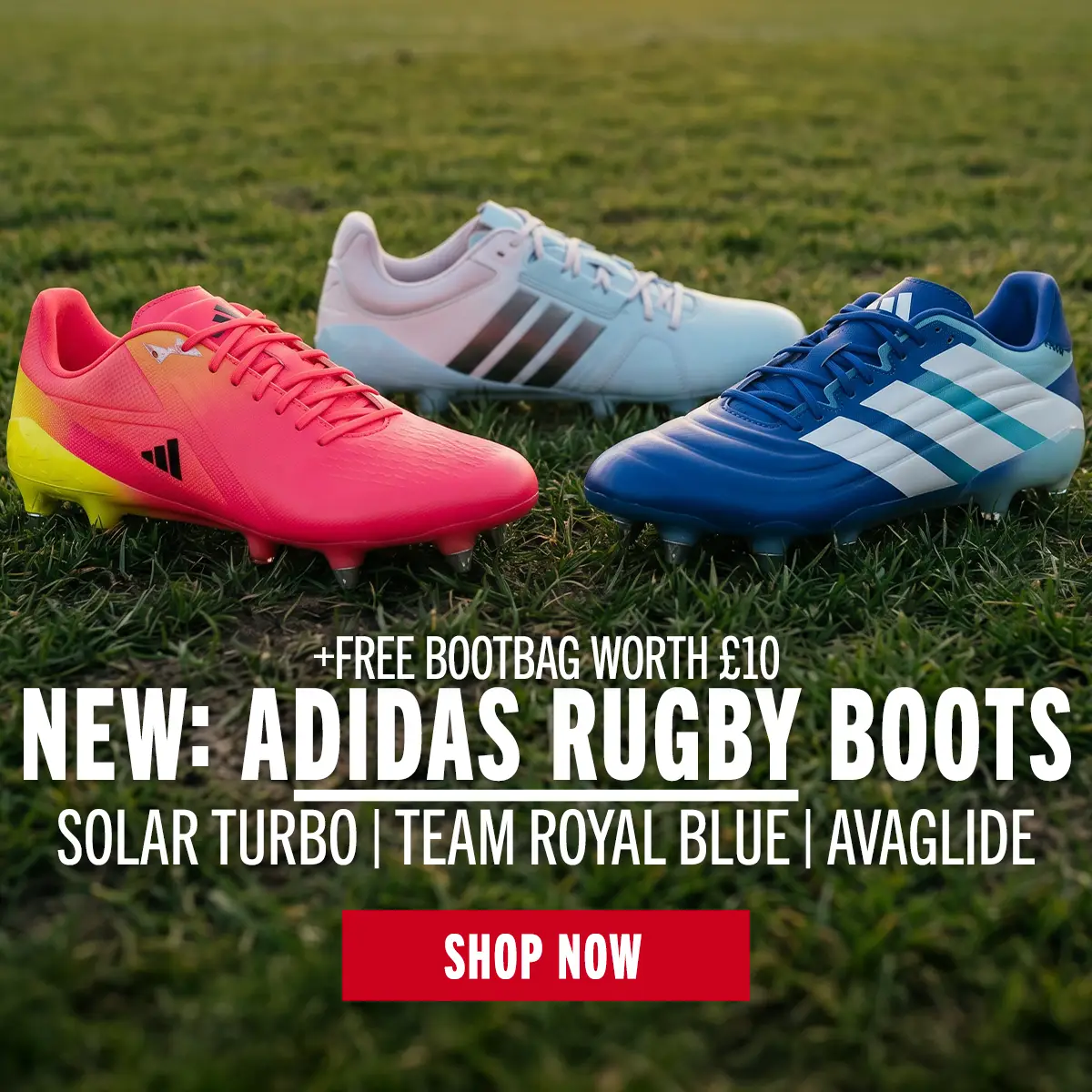 Adidas Solar Turbo, Team Royal Blue & Avaglide boots The three new Adidas colour ways (Solar Turbo, Team Royal Blue & Ice Blue) sit on a rugby pitch.