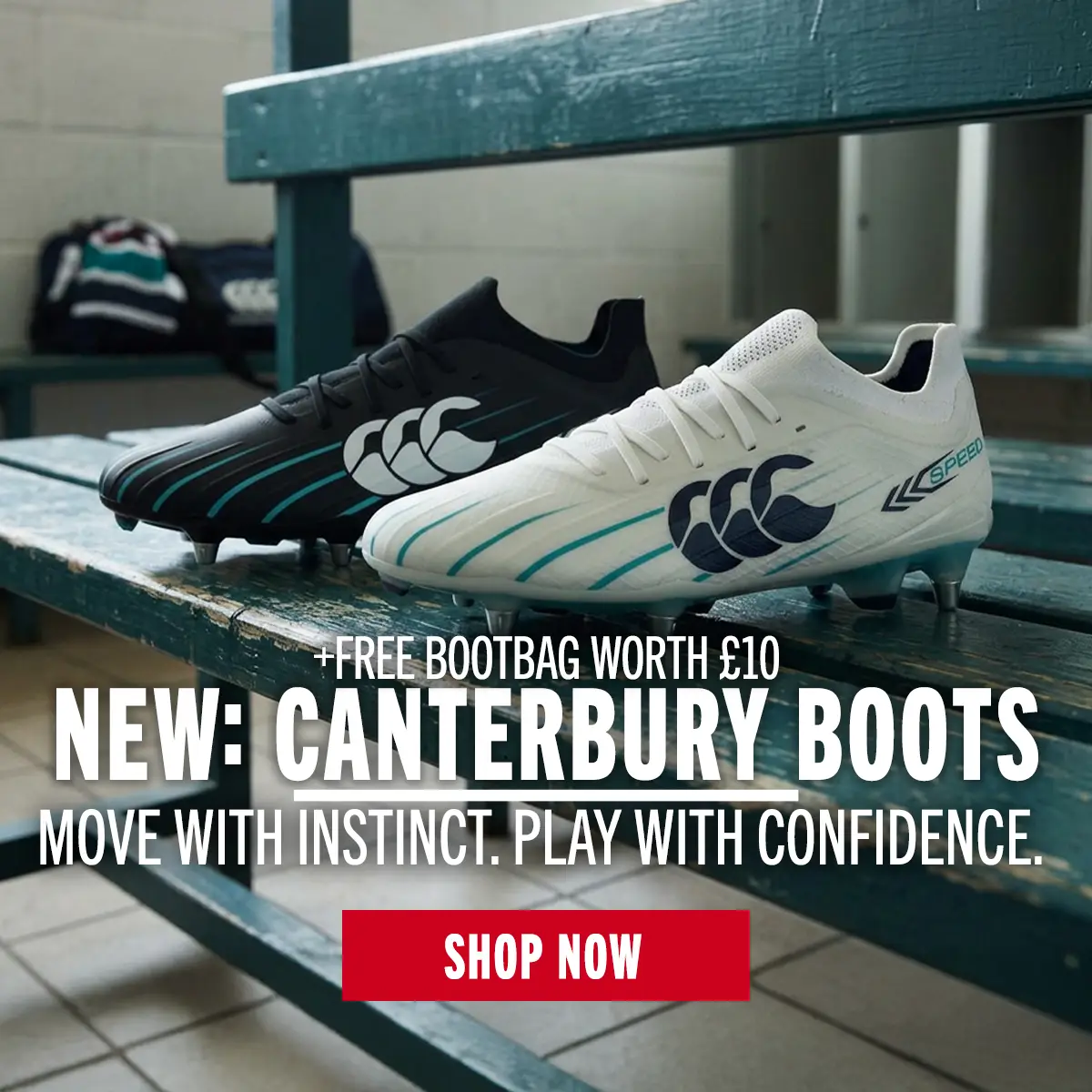New: Canterbury Jet Black & White rugby boots Two new pairs of Canterbury Speed Falcon rugby boots are sitting on a changing room bench.