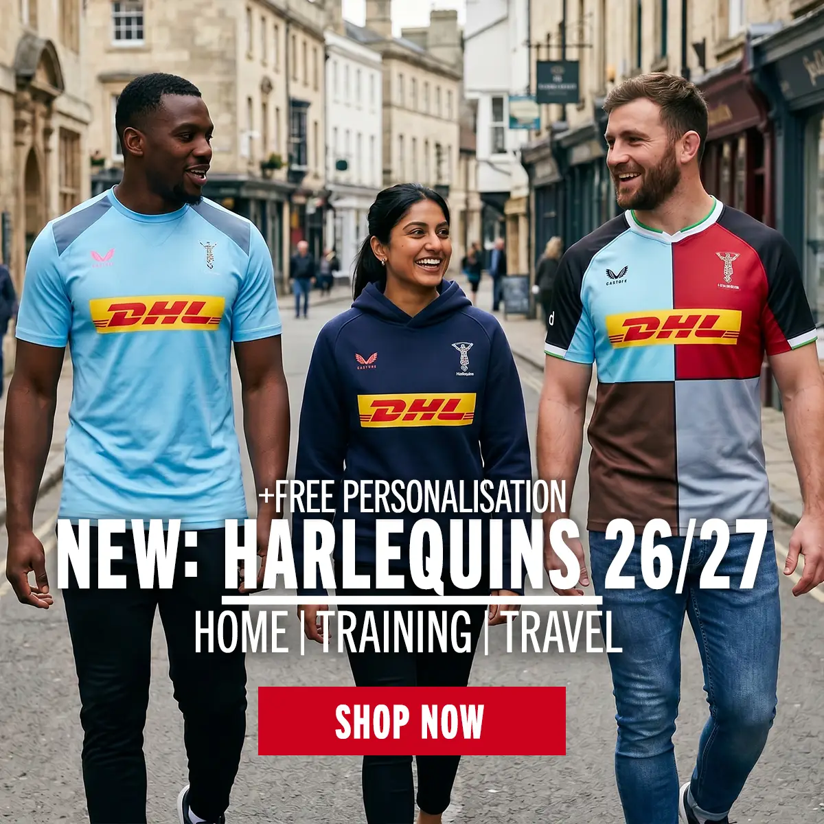 Harlequins 26/27 kit Three people are walking in their new Harlequins products. With the Performance top, Off Pitch Hoodie and Home Shirt all featuring.