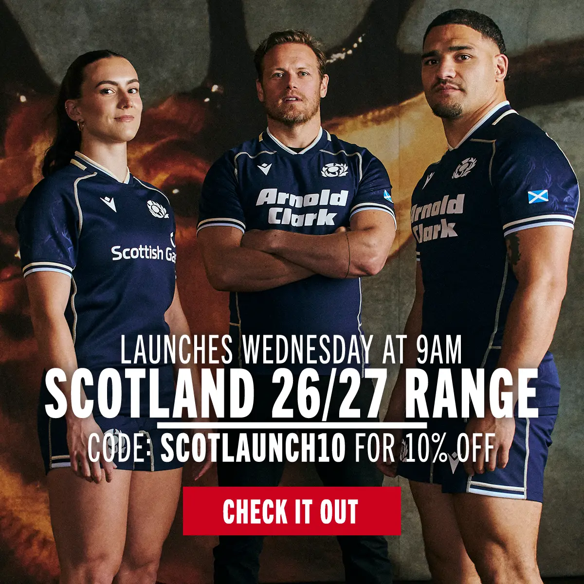 Scotland 26/27 Reveal Three people stand wearing the new Scotland home shirt for the 26/27.