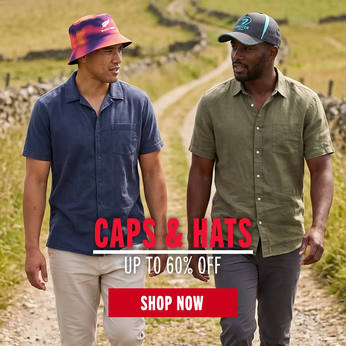 Two guys are walking in the countryside wearing their Blacks Ferns Bucket and Leinster Cap.
