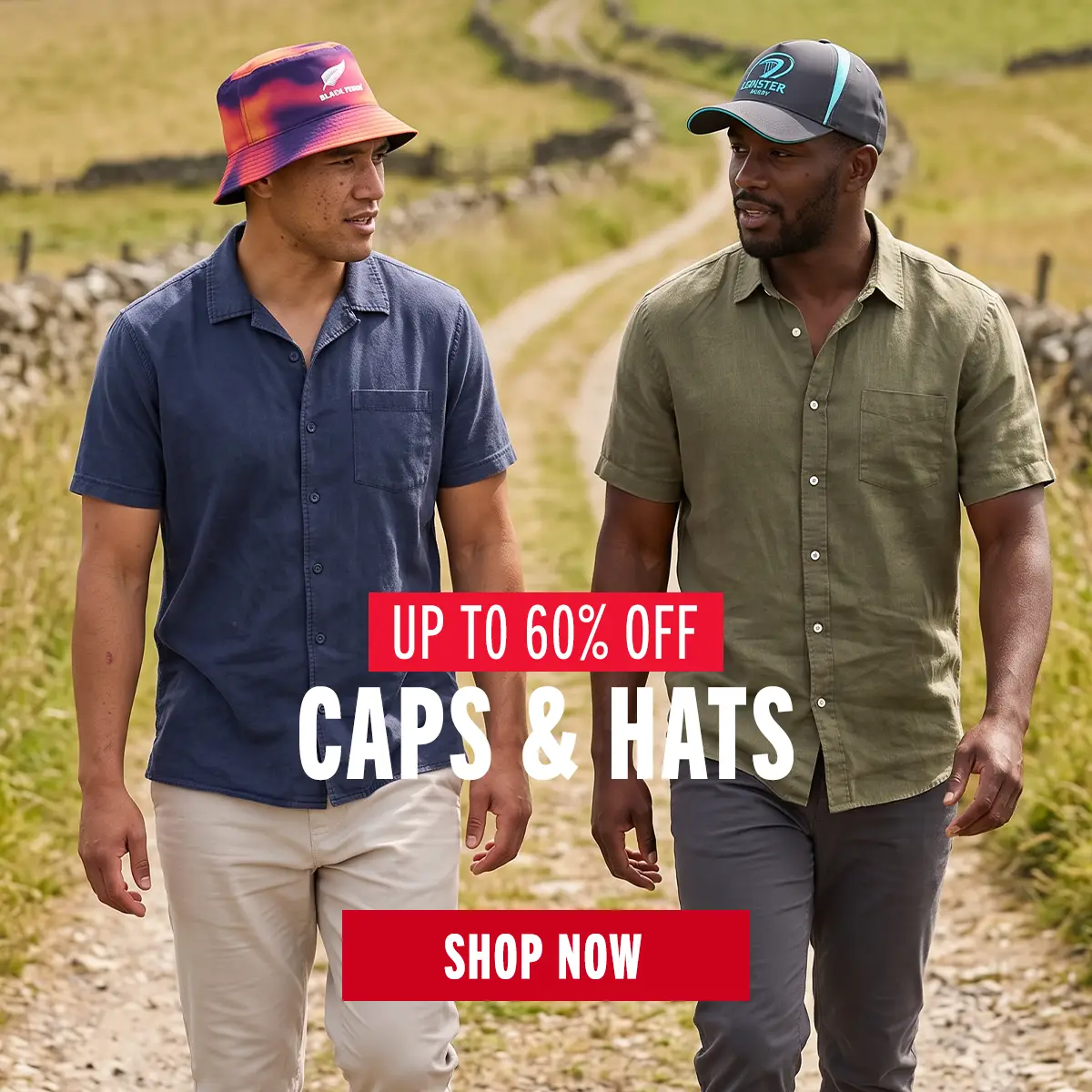Two guys are walking in the countryside wearing their Blacks Ferns Bucket and Leinster Cap.