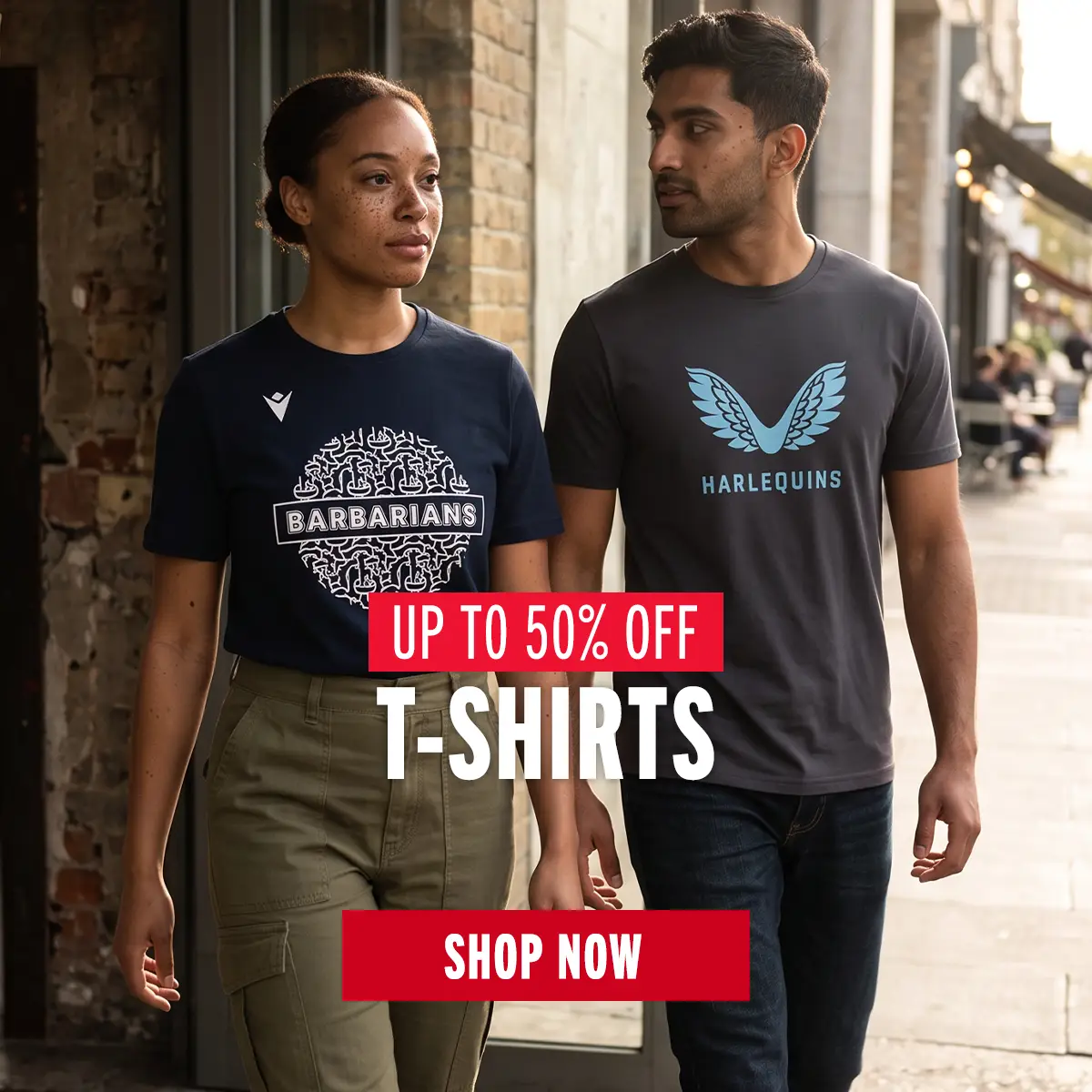A man and woman are leaving a building as they wear their Barbarians and Harlequins t-shirts.