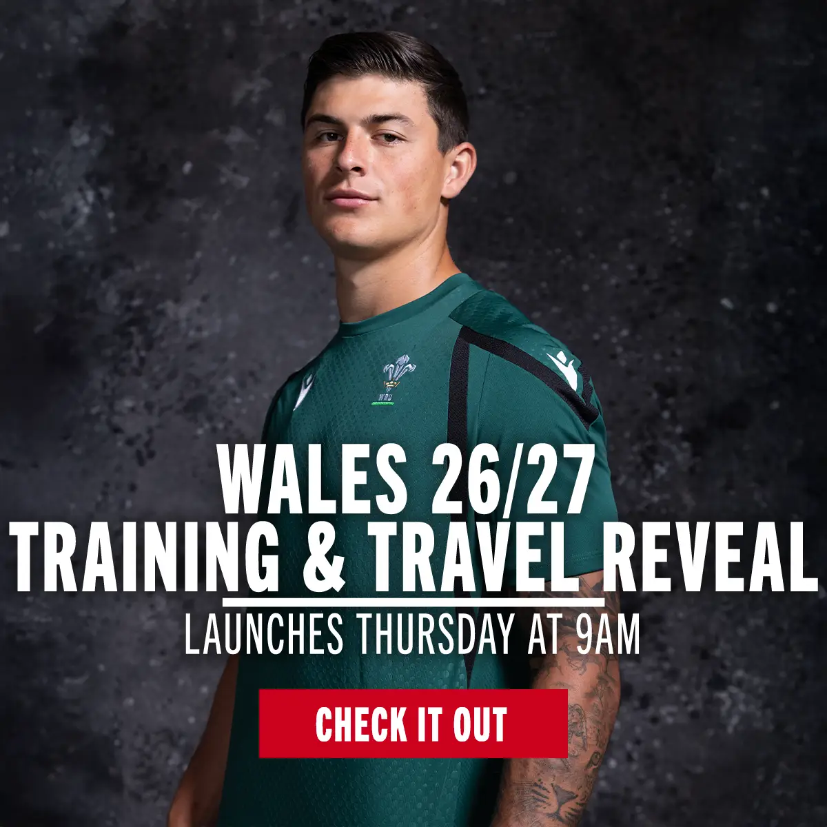 Louis Rees-Zammit models the new Wales training and travel kit from Macron.