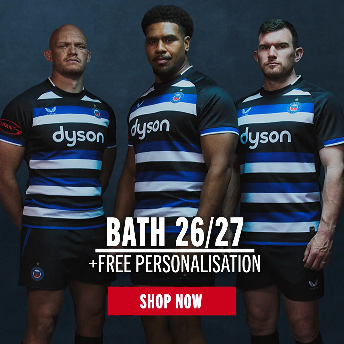 Bath Rugby 26/27 Range Three Bath rugby players stand in the new 26/27 Bath home rugby kit.