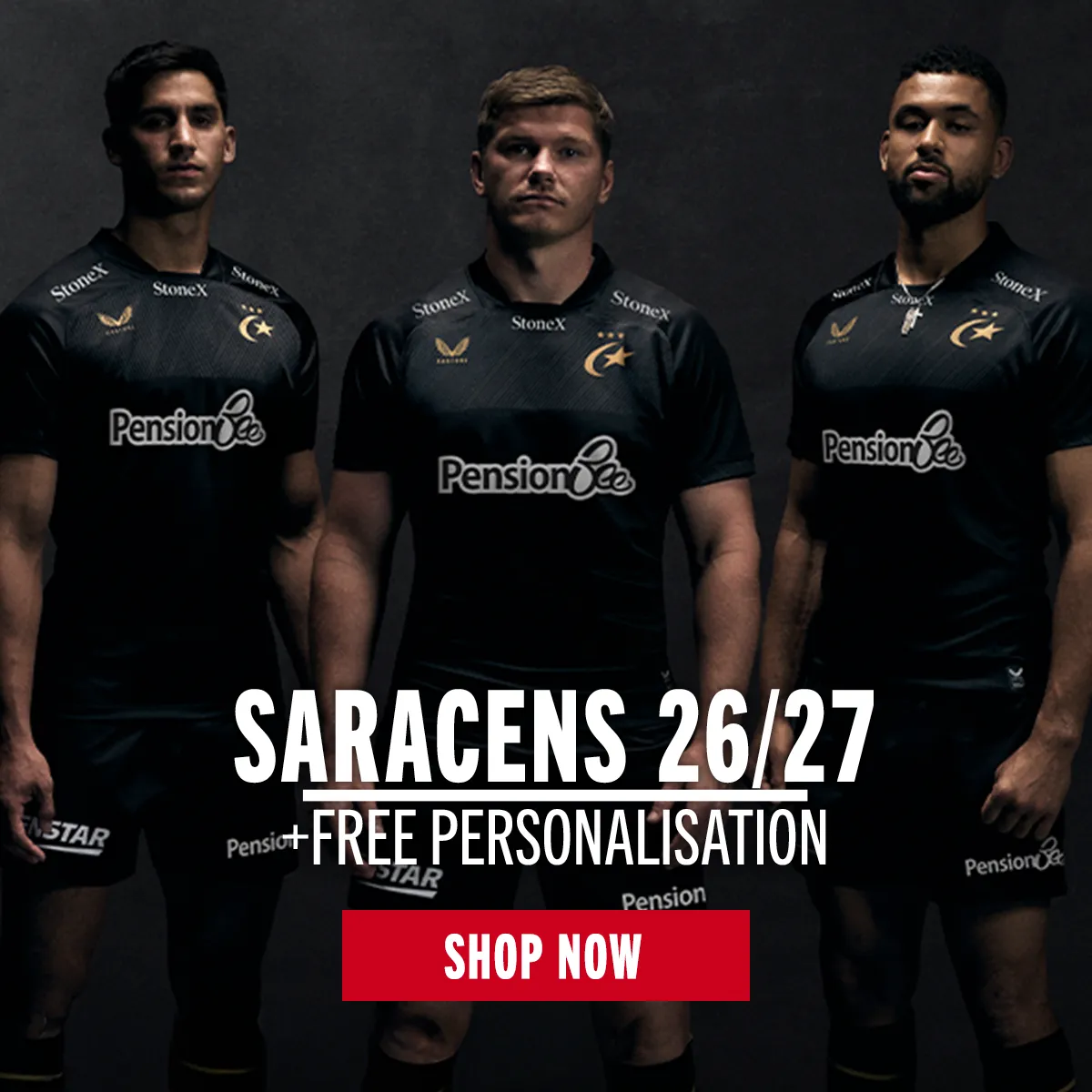 Three Saracens players stand in the new 26/27 Home Rugby Shirt.