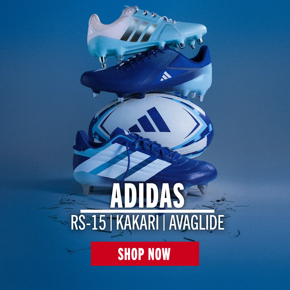 The three main types of Adidas boots (RS-15, Kakari & Avaglide) are stack one above the other.