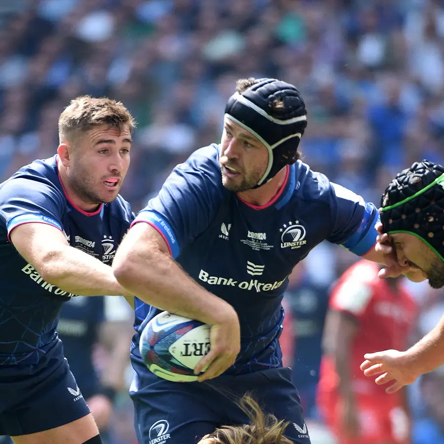 Leinster vs Toulouse Caelan Doris looks to offload to a Leinster teammate in their Champions Cup clash.