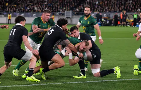 South Africa's RG Snyman scores a disallowed try during the Rugby Championship test match between the New Zealand All Blacks and South Africa Springboks at Sky Stadium in Wellington, New Zealand on Saturday, 13 September 2025.