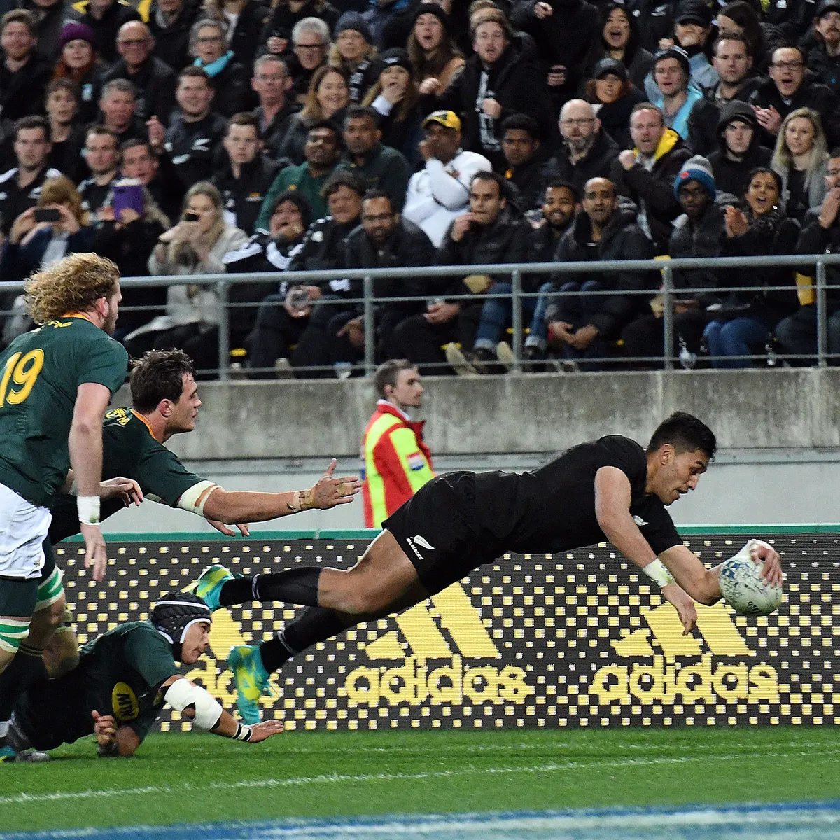 All Blacks' Rieko Ioane goes over for a try during the 2018 Investec Rugby Championship between All Blacks vs South Africa, Westpac Stadium, Wellington, Saturday 15th September 2018.