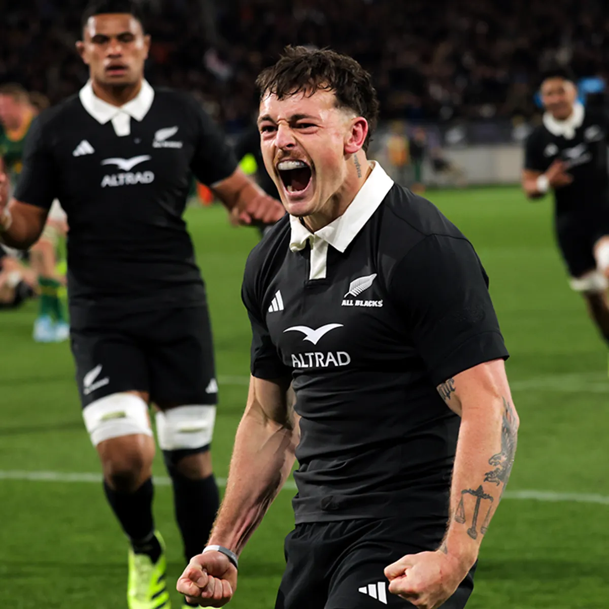 NZ's Leroy Carter celebrates his try during the Rugby Championship test match between the New Zealand All Blacks and South Africa Springboks at Sky Stadium in Wellington, New Zealand on Saturday, 13 September 2025.
