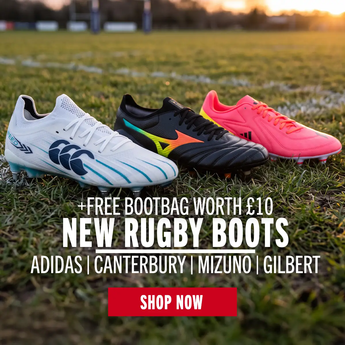 The Latest boots from Canterbury, Mizuno & Adidas are lined up on the edge of a rugby pitch.