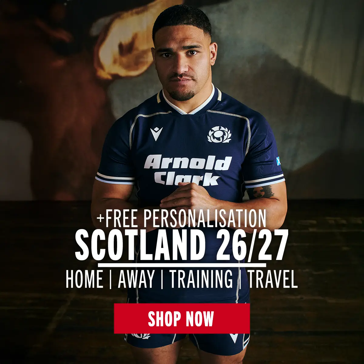 Sione Tuipulotu shows off the new Scotland home kit for the 26/27 season.