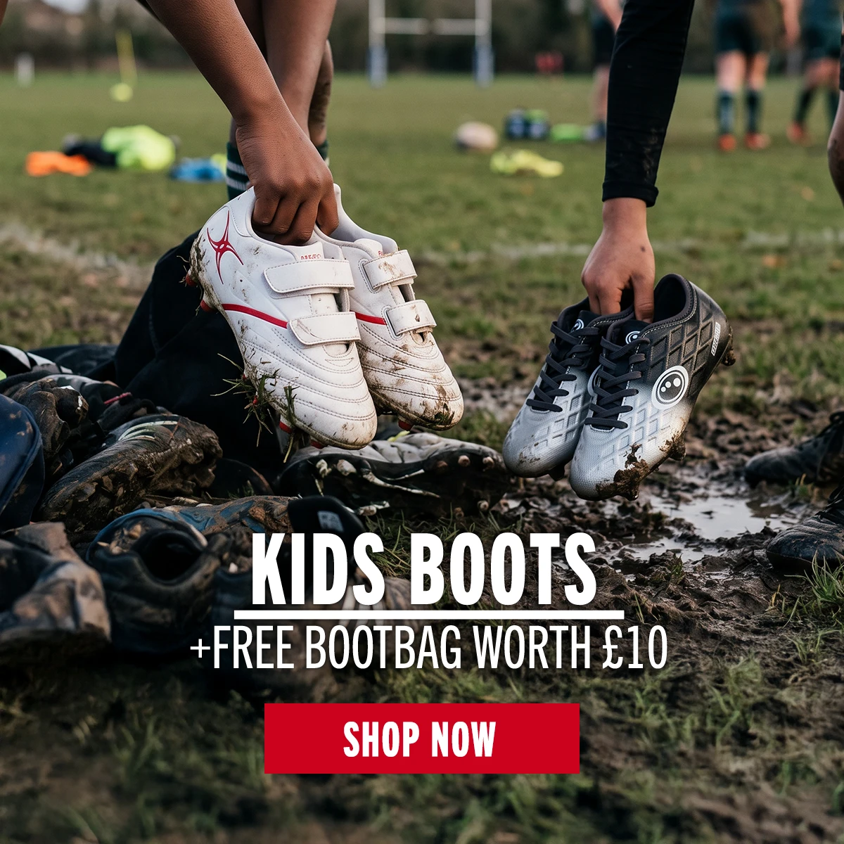 Kids Rugby Boots Two kids are picking up their rugby boots at the end of training.