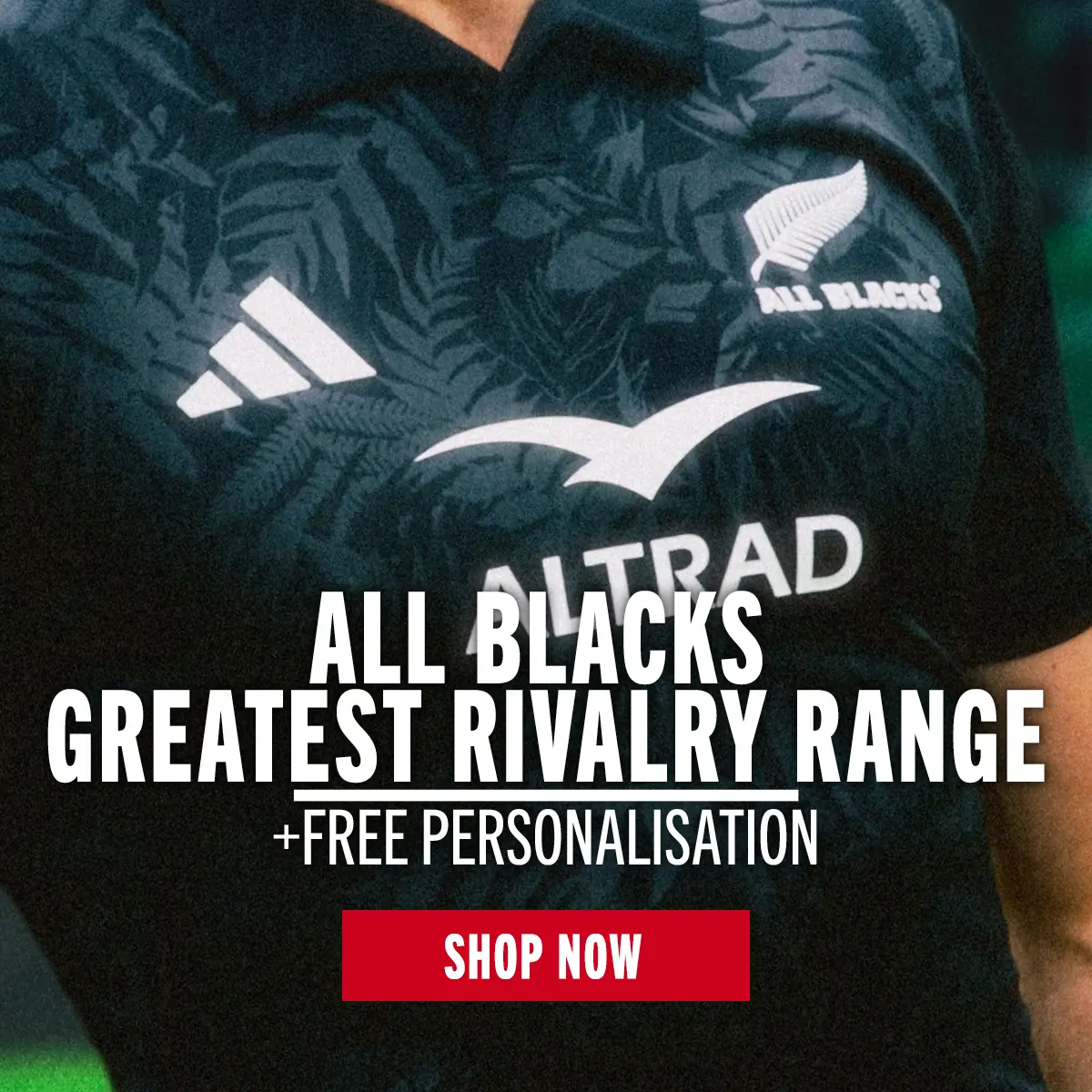 The new shirt for the All Blacks Greatest Rivalry Tour is on display with the fern details in focus.