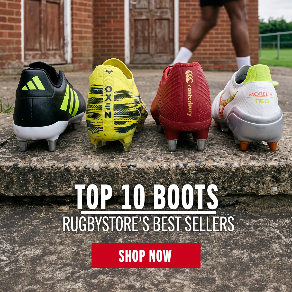 Top 10 Boots Boots from Adidas, Oxen , Canterbury and Mizuno are sat a long a stone step outside a rugby club house.