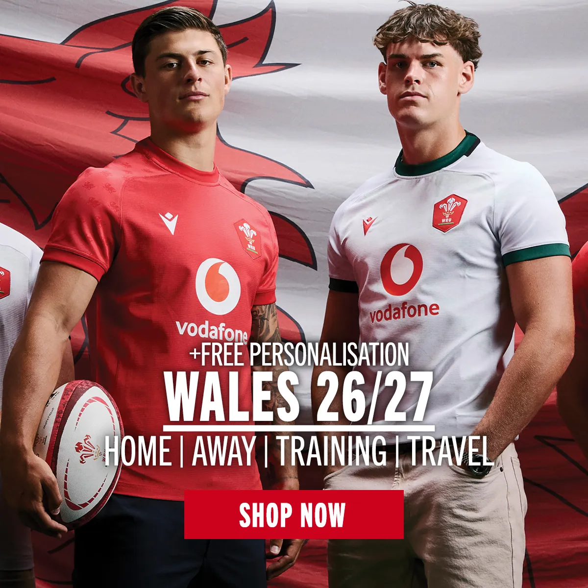 A montage of Wales Rugby players wearing the 2026/27 season home and away rugby shirts and shorts