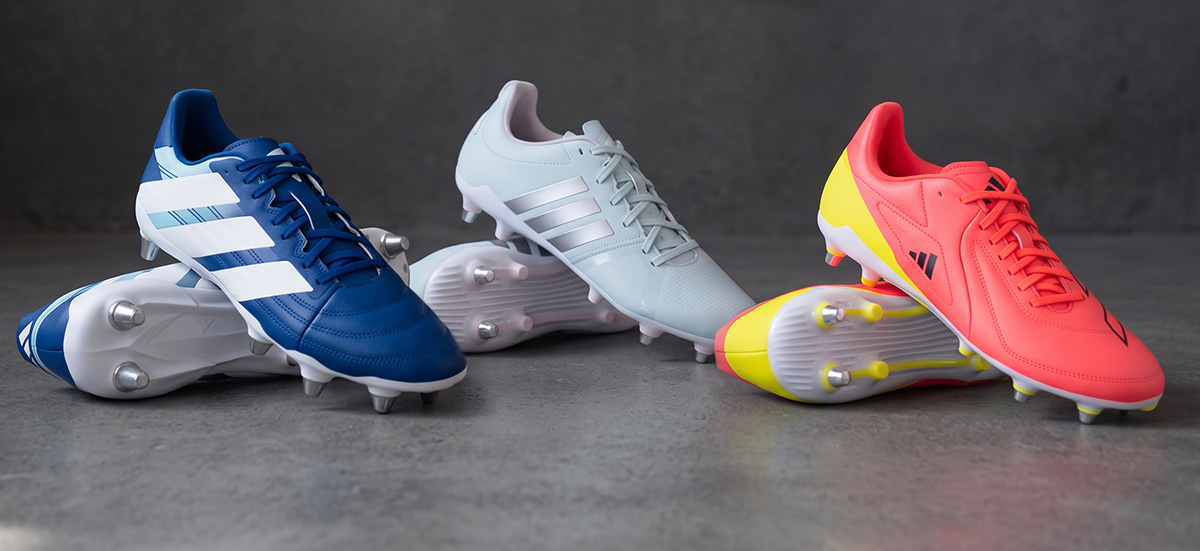 A line-up of three Adidas rugby boots showing the models RS15, Womens Avaglide and Kakari.