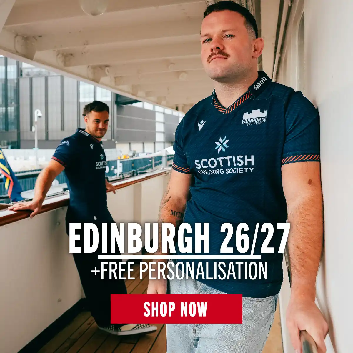 Edinburgh 26/27 Range Two Edinburgh players stand in the new 26/27 home kit while on the Royal Yacht Britannia.